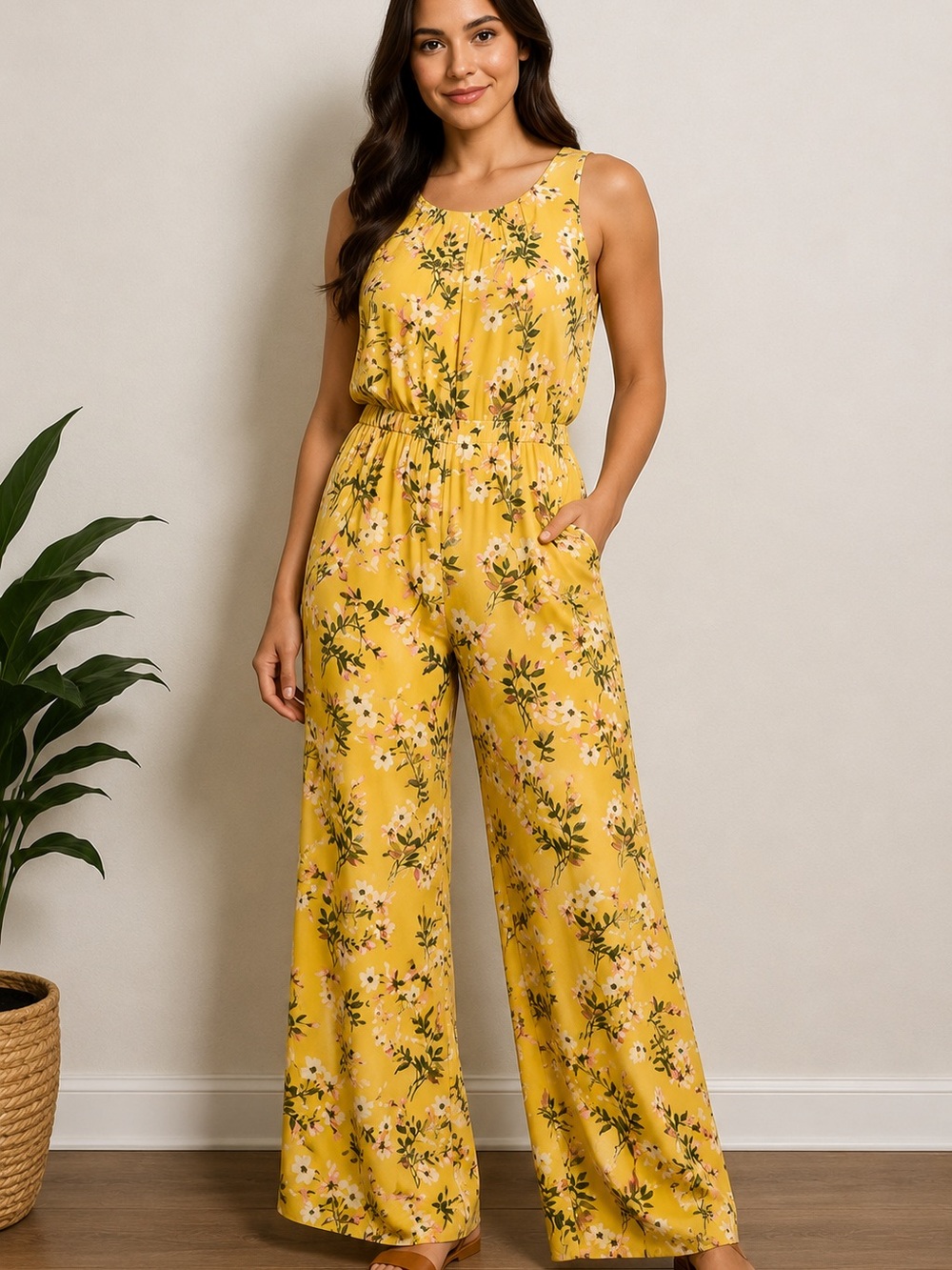 New York & Company Yellow Floral Sleeveless Wide-Leg Jumpsuit